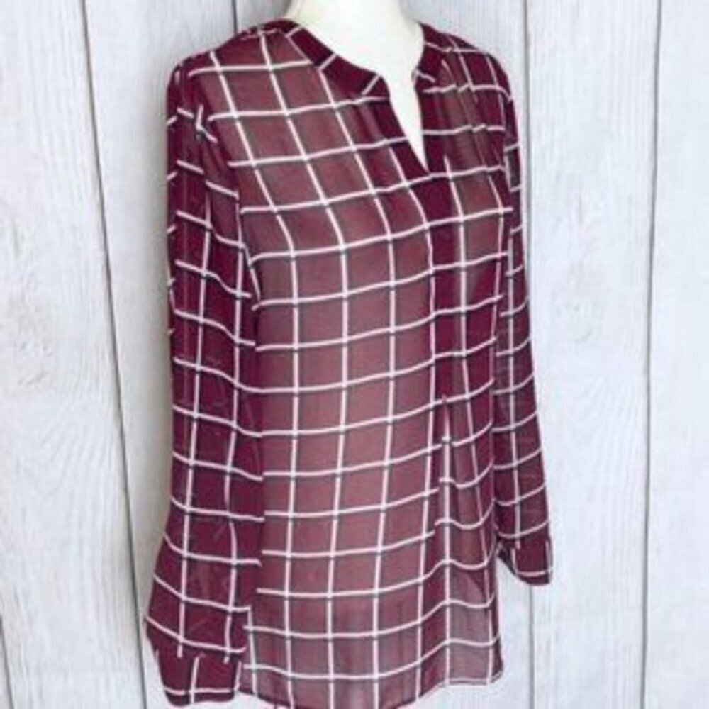 Ann Taylor Factory Sheer Plaid Wine Button Down Blouse - Picture 2 of 3
